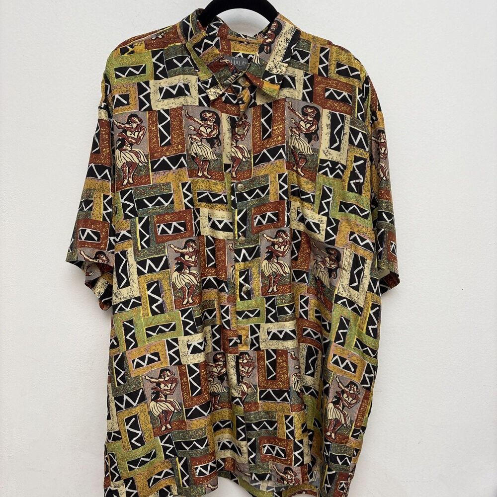 Kahala Hula Dancer Hawaiian Shirt Men's Large 100% Silk, Beige, Orange, Rust